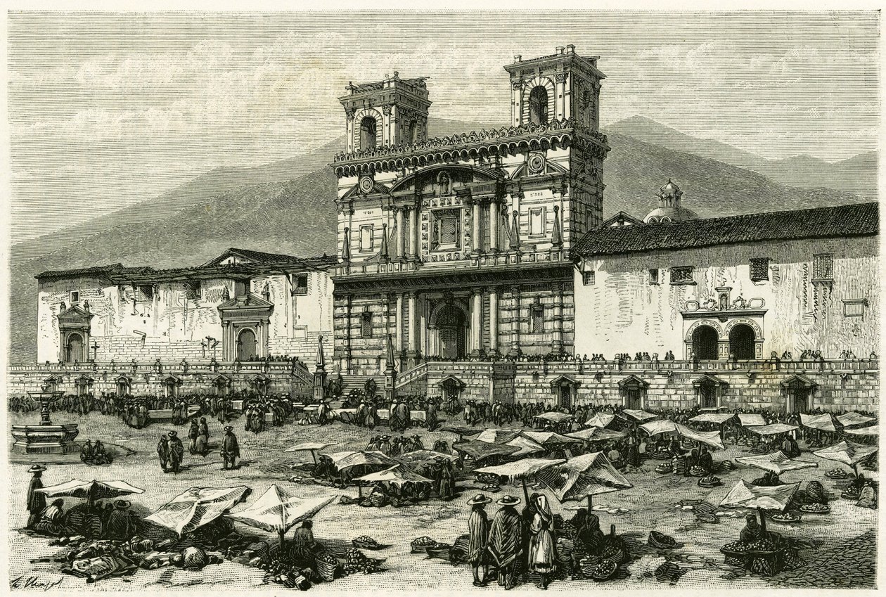 The Cathedrale of Quito (capital of present-day Ecuador) and the popular entertainment on its square. Engraving by Clerget and Ferdinandus, to illustrate the story “Equinoxiale America”” 作者 M.（之后）费迪南德斯