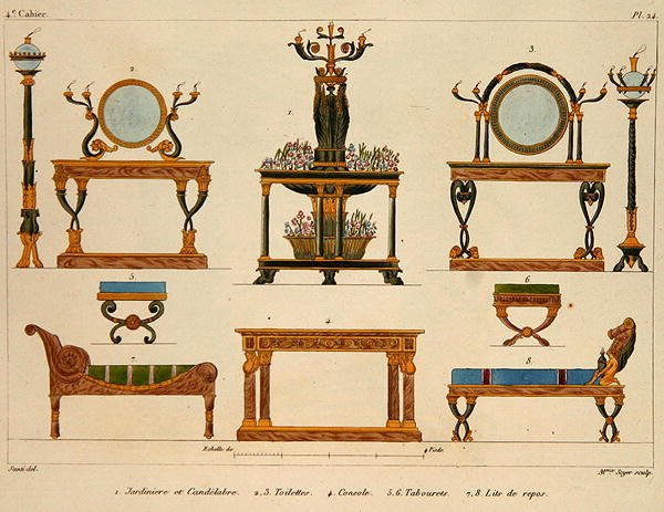 家具设计，由索耶夫人雕刻，板块24来自 "Modeles de Meubles et de decorations interieures pur les meubles"，1828/41出版（彩色平印）。 作者 M.（后）桑蒂