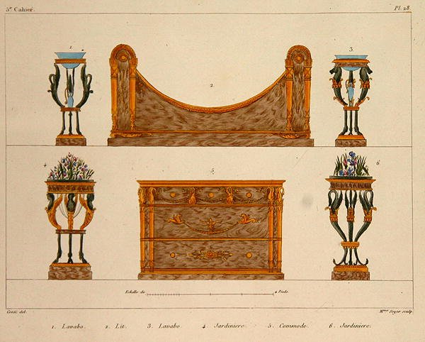 家具设计，由索耶夫人雕刻，板块28来自 "Modeles de Meubles et de decorations interieures pur les meubles"，1828/41出版（彩色印刷）。 作者 M.（后）桑蒂