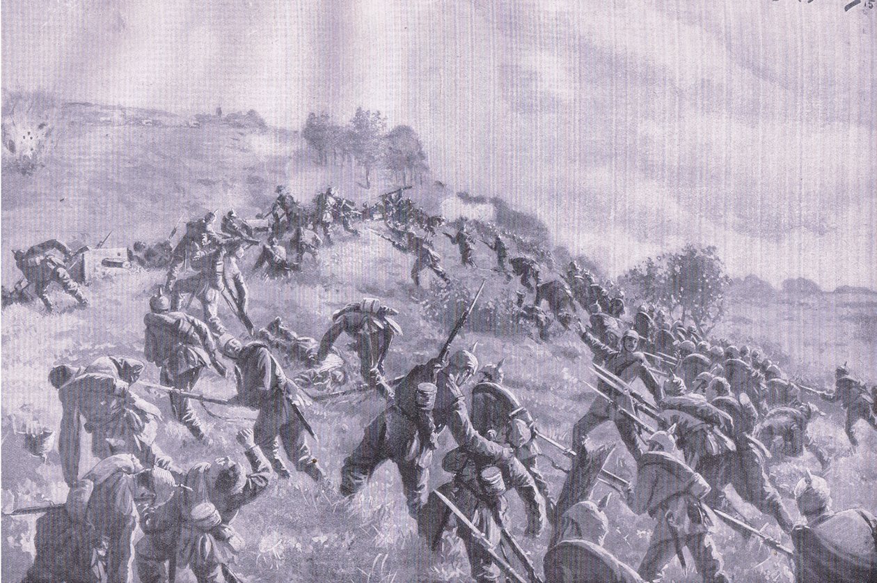 夺回Szawle。攻克山脊，摘自《1914-1915年世界大战插图史》，由Union Berlagsefellfchaft出版。 作者 M. Barascudts