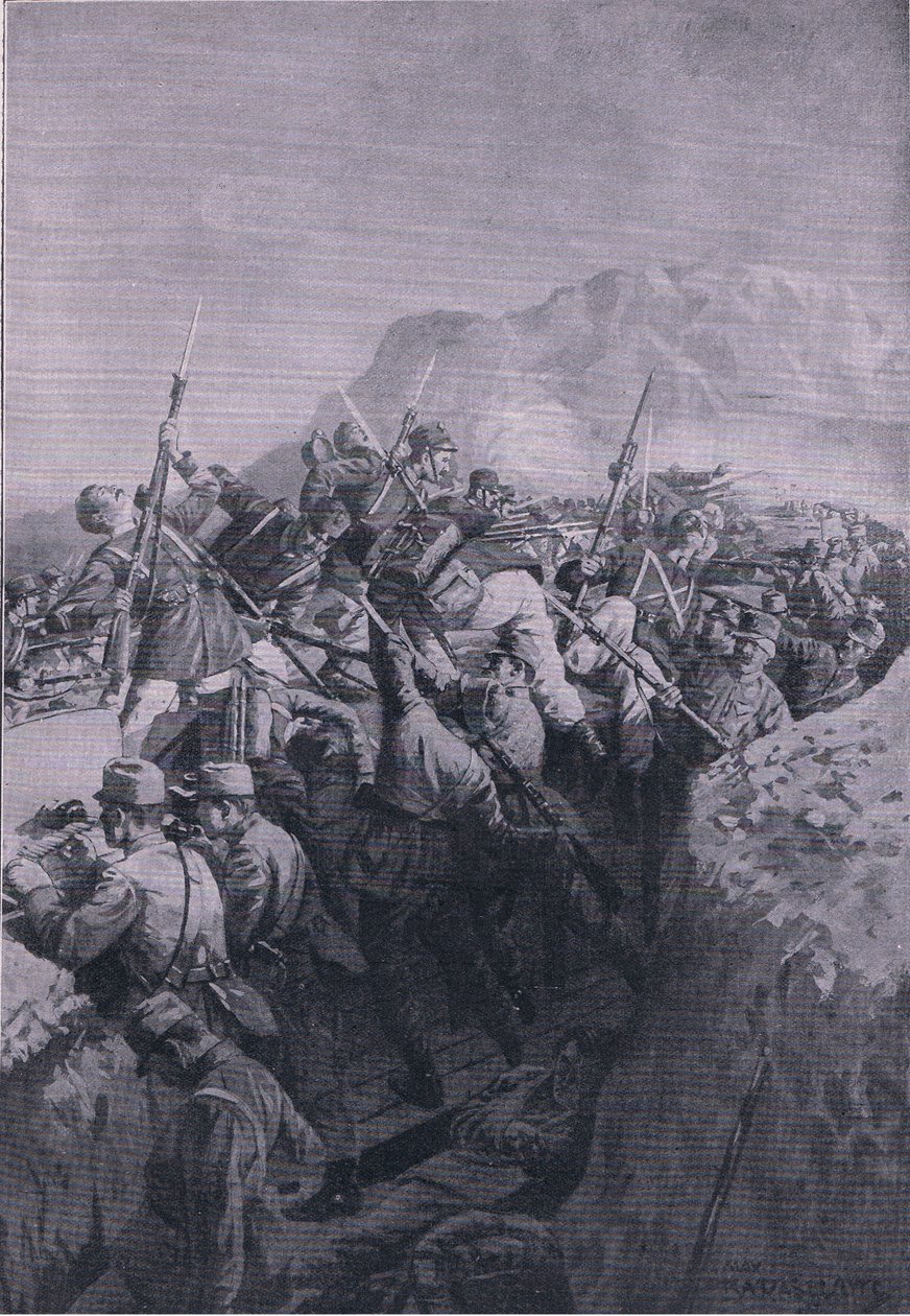 意大利人对多贝多高地的不成功攻击，摘自《1914-1915年世界大战插图史》，由Union Berlagsefellfchaft出版。 作者 M. Barascudts