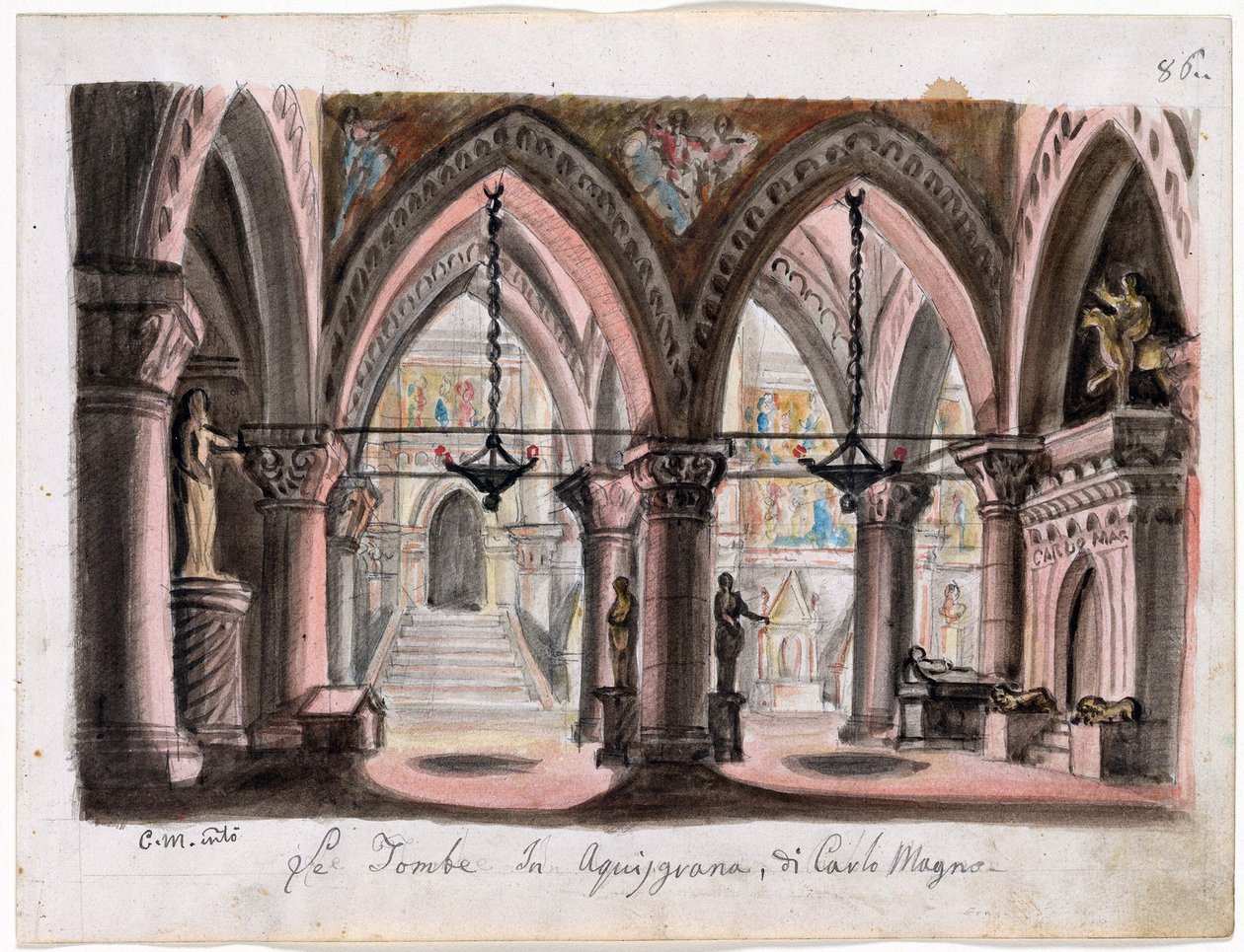Le tombeau de Charlemagne a Aix-la-Chapelle - 朱塞佩-威尔第歌剧《埃尔纳尼》的布景设计 - 孔蒂（M. Conti，1810-1886 年）。纸面水彩画 尺寸：22x29 厘米 纽约摩根图书馆和博物馆 作者 M·康蒂