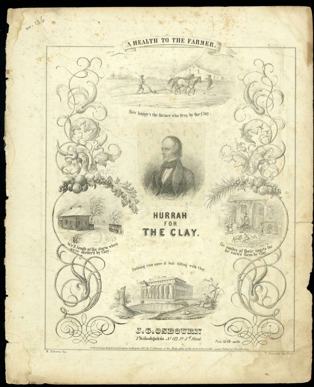 1843年由T. Sinclair雕刻的&39;Hurray for the Clay&39;评分表的封面 作者 施密茨