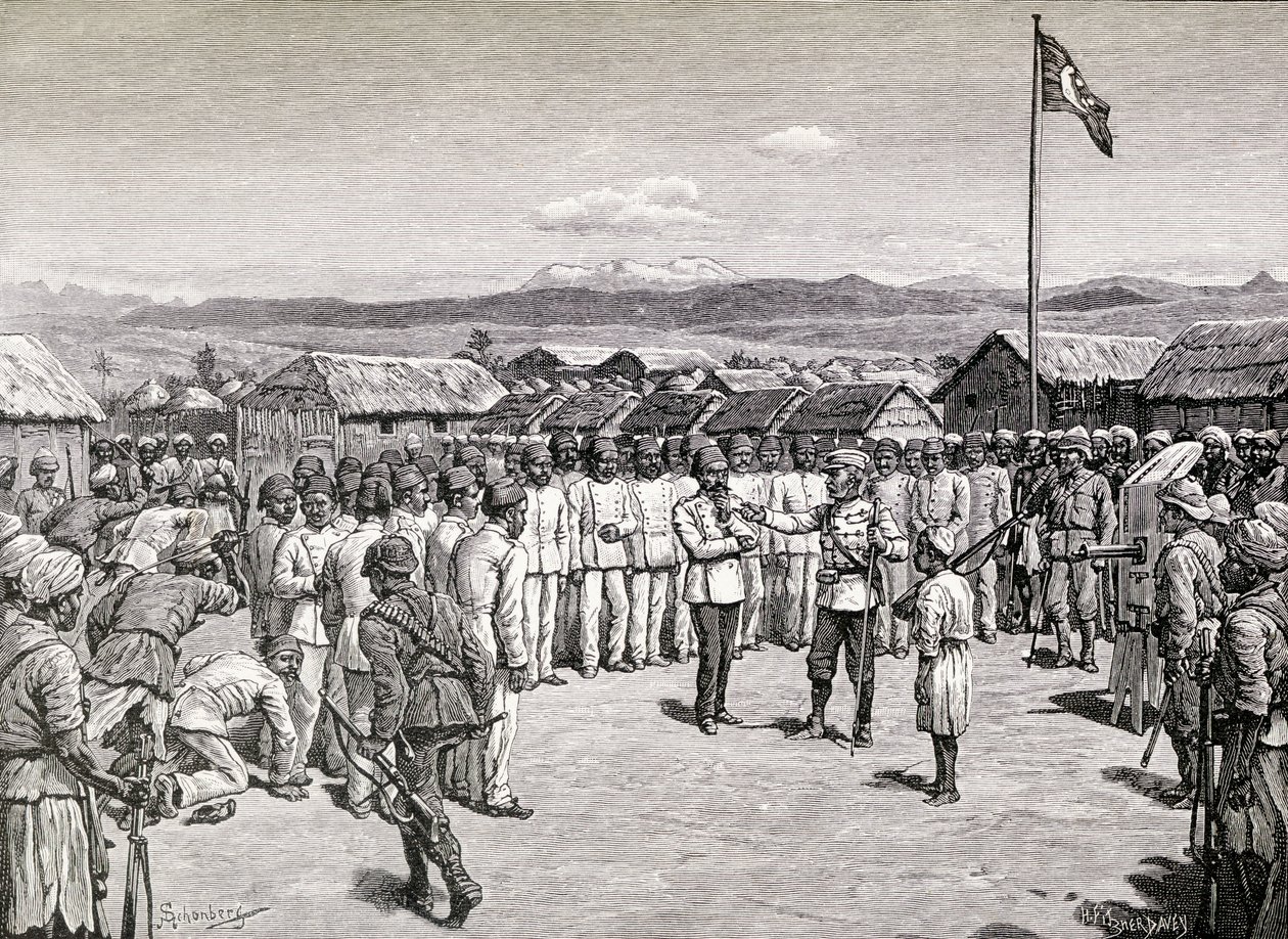 亨利·莫顿·斯坦利爵士于1890年在Kavalli向叛军官员发表讲话（木版画） 作者 勋伯格