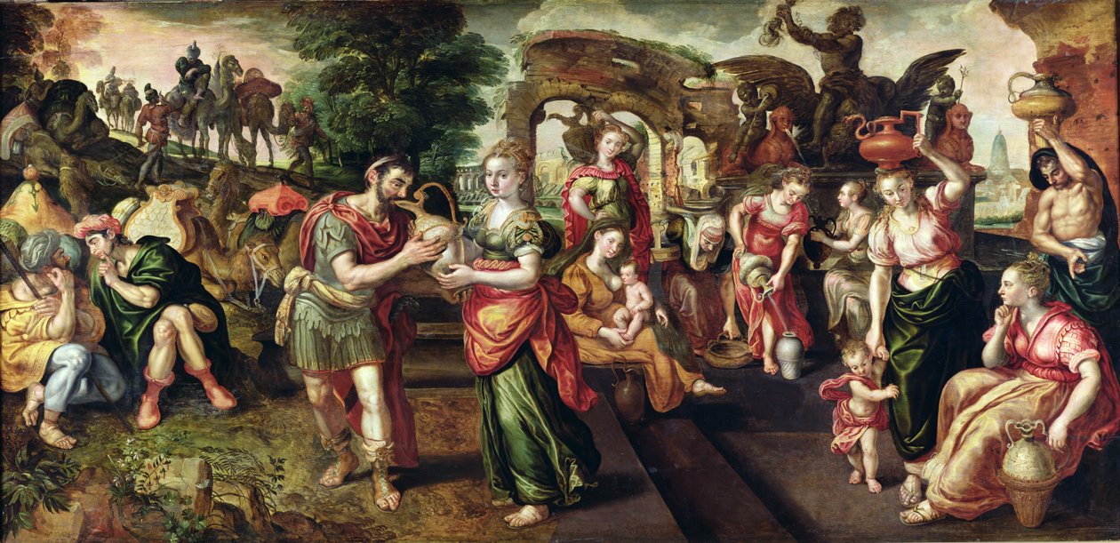 Eliezer和Rebecca在井，1562年 作者 马尔滕·德·沃斯