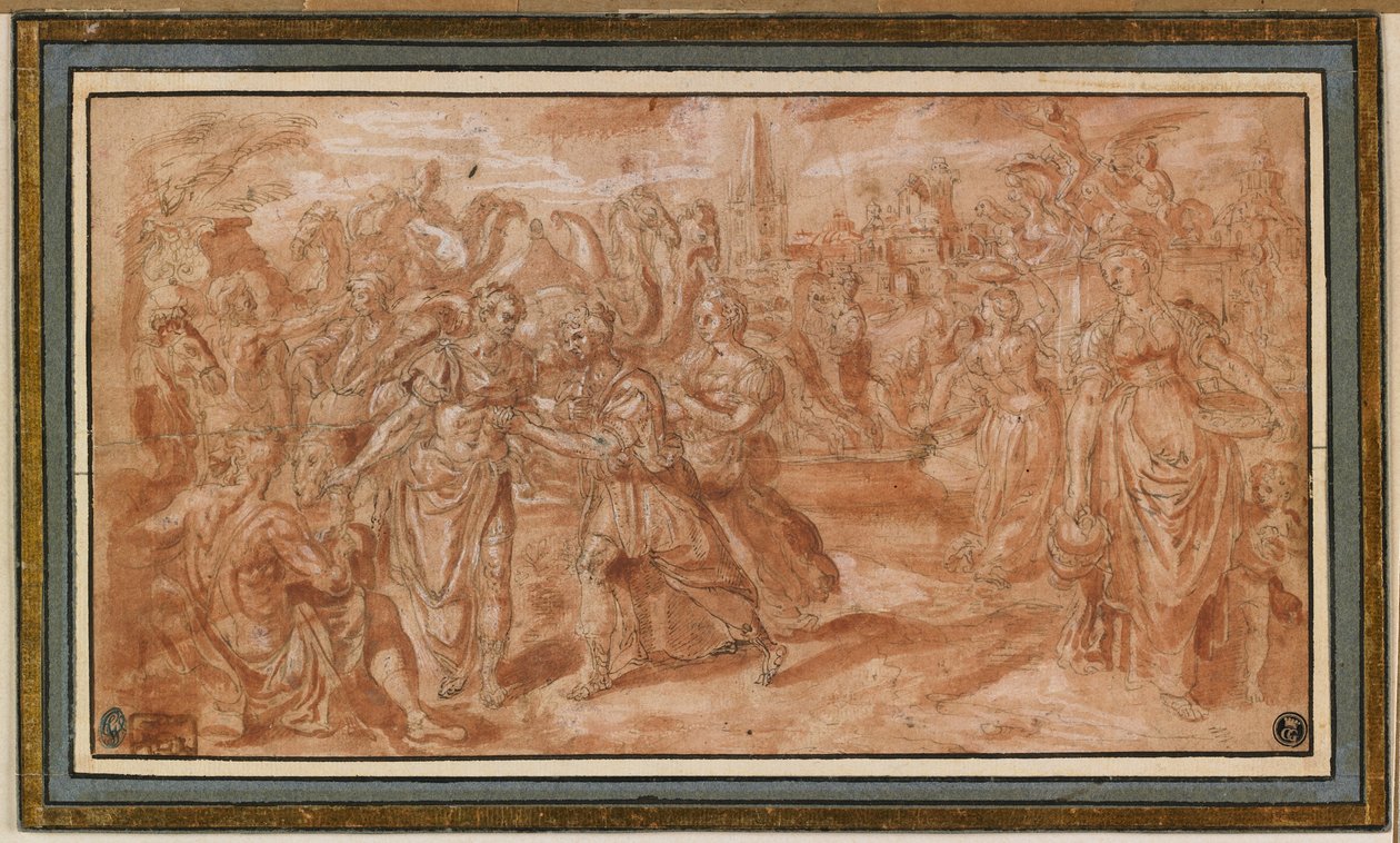 拉班和丽贝卡接受Eliezer，1561-62（笔和棕色墨水，红色洗涤和白色加高） 作者 马尔滕·德·沃斯