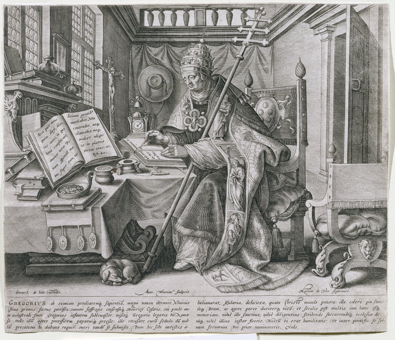 教皇格雷戈里一世，他的研究中的大帝（c.540-604），描绘了四个&39;教会的父亲&39;的系列，由Anton Wierix（c.1552-c.1624）酒吧刻。作者：Gerard de Jode，第1580页 作者 马尔滕·德·沃斯