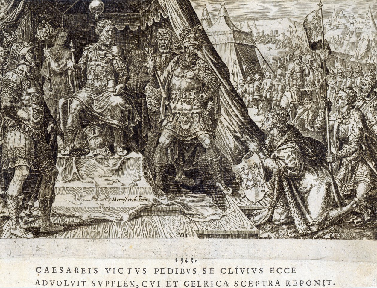 1543年威尔士二世，克利夫斯公爵的提交，来自“查理五世皇帝的军事成就”的第8版，由Dirk Volkertsz Coornhert（1522-90）雕刻，1555年（雕刻和蚀刻） 作者 马尔滕·范·海姆斯克