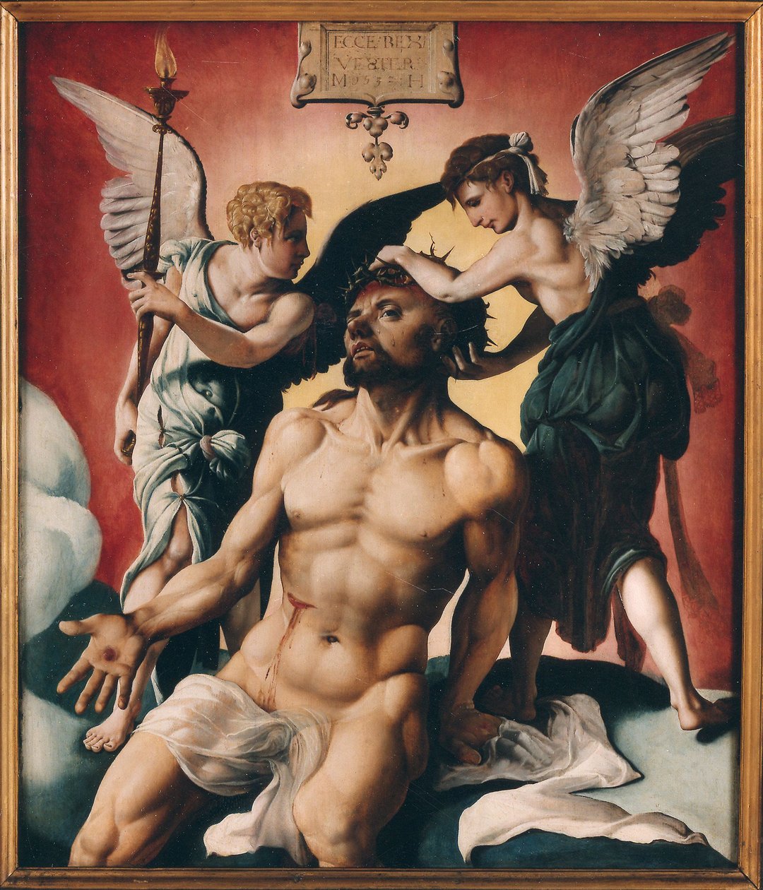 在两个天使之间戴着荆棘冠冕的基督，1532年。 作者 Maarten Jacobsz Heemskerck van