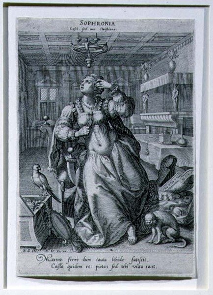 Sophronia，出自描绘 "作为贞洁象征的三个女人 "的系列，由拉斐尔-萨德勒一世（1561-1632）雕刻，约1590年（雕刻）。 作者 Maarten de（之后）Vos