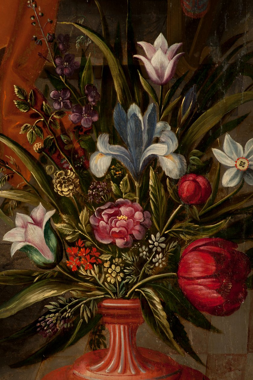 贤士的崇拜，三联画，左面板，背面，细节，木头绘画 作者 马尔滕·德·沃斯