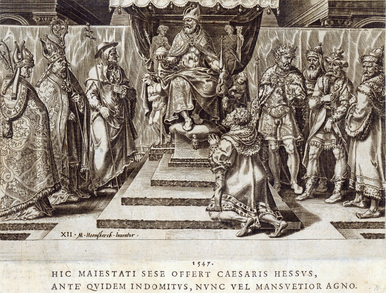 1547年，Hesen Landgrave of Hesen的提交，来自“查理五世皇帝的军事成就”的第12页，由Dirk Volkertsz Coornhert（1522-90）雕刻，1555年（雕刻和蚀刻） 作者 马尔滕·范·海姆斯克