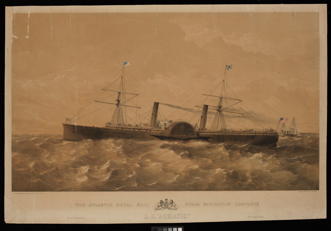 大西洋皇家邮政蒸汽轮船公司的亚得里亚海号轮船，约 1856 年（石版画，着色） 作者 麦克卢尔麦克唐纳公司