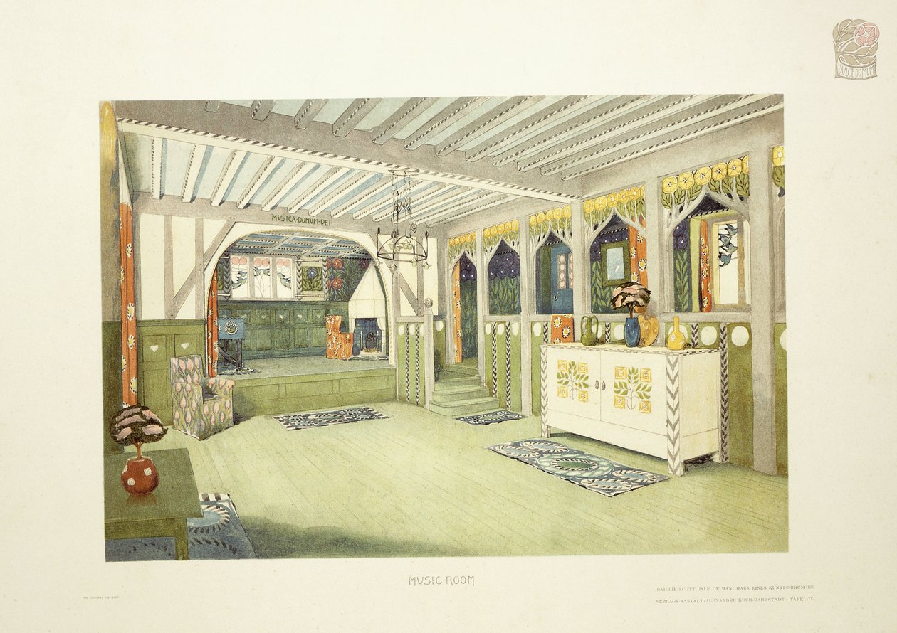 马恩岛音乐室，约1901年（彩色石版画） 作者 麦凯休（后）巴里·斯科特（Baillie Scott）