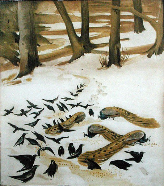 雪中觅食的鸟儿（纸上水彩画） 作者 马德琳·温德姆（Madeline Wyndham）