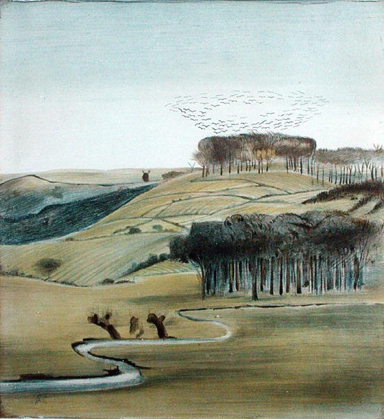 景观与鸡群（纸上铅笔、钢笔、水彩）。 作者 马德琳·温德姆（Madeline Wyndham）