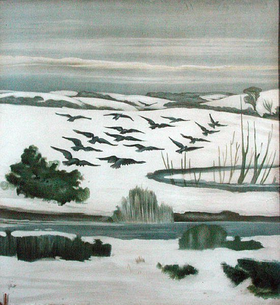 在冬季风景中飞翔的乌鸦 作者 马德琳·温德姆（Madeline Wyndham）
