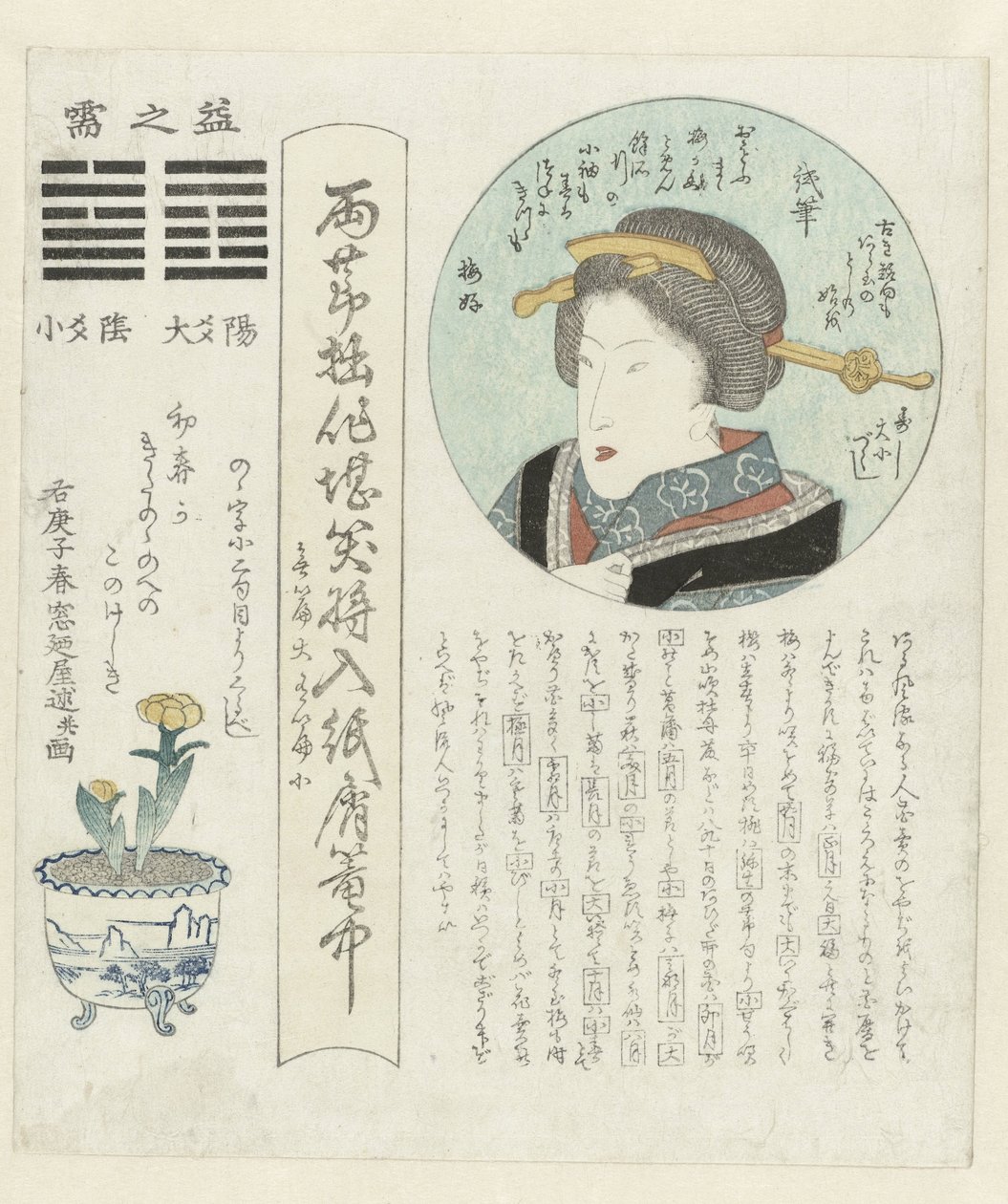 圆形图案中的女性肖像
年历系列（系列名称）
Kotobushi daishôtsukushi（物品上的系列名称） 作者 圆屋