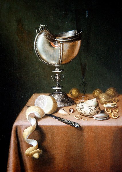 鹦鹉螺杯、去皮柠檬和核桃的静物画（板面油画） 作者 玛尔滕·波勒玛·德·斯托姆
