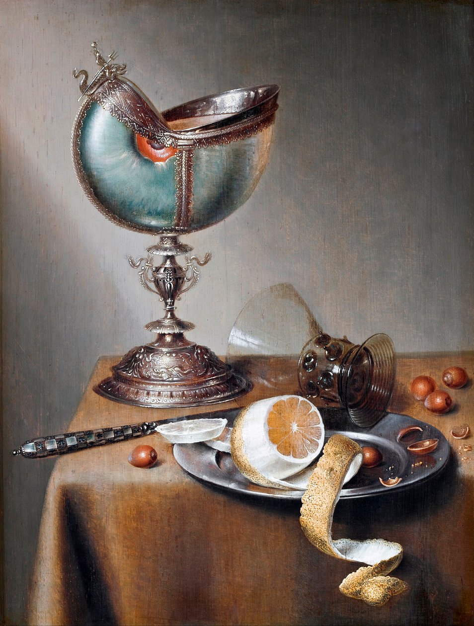 Marten Boelema de Stomme (1611-1644)的作品 "Nature morte a la coupe nautile" (静物与鹦鹉螺杯) - 木板油画 Dim 50x38 cm Hallwylska Museet, Stockholm 作者 玛尔滕·波勒玛·德·斯托姆