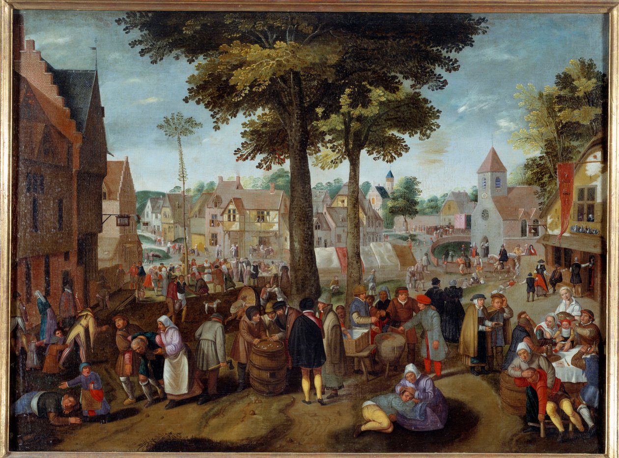 Flemish Fair 村子里的聚会，醉汉生病，有的玩耍，有的睡觉。 Martin van Cleve (1527-1581) 绘画，16 世纪卡昂，美术博物馆 作者 马丁范克利夫