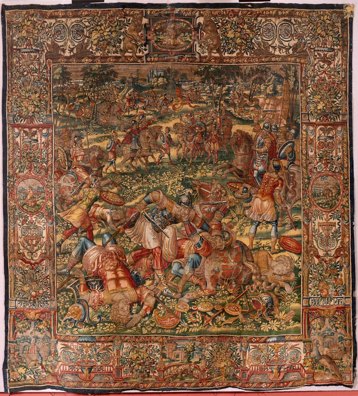 教区博物馆（Museo Diocesano）。弗拉芒挂毯。布鲁塞尔。弗朗索瓦-格伯斯工作室。基甸的故事系列。打败米甸人（Derrota de los madianitas）。丝绸和羊毛。Vicente Roca de la Serna 主教遗赠。巴洛克风格。1534-1571 年，在 作者 梅尔滕·范·海姆斯克