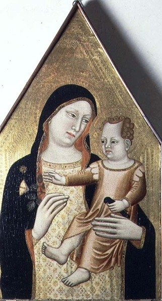 圣母与儿童》，约1340年（面板上的蛋彩画）。 作者 Maestro di Mezzana (fl.c 1340)