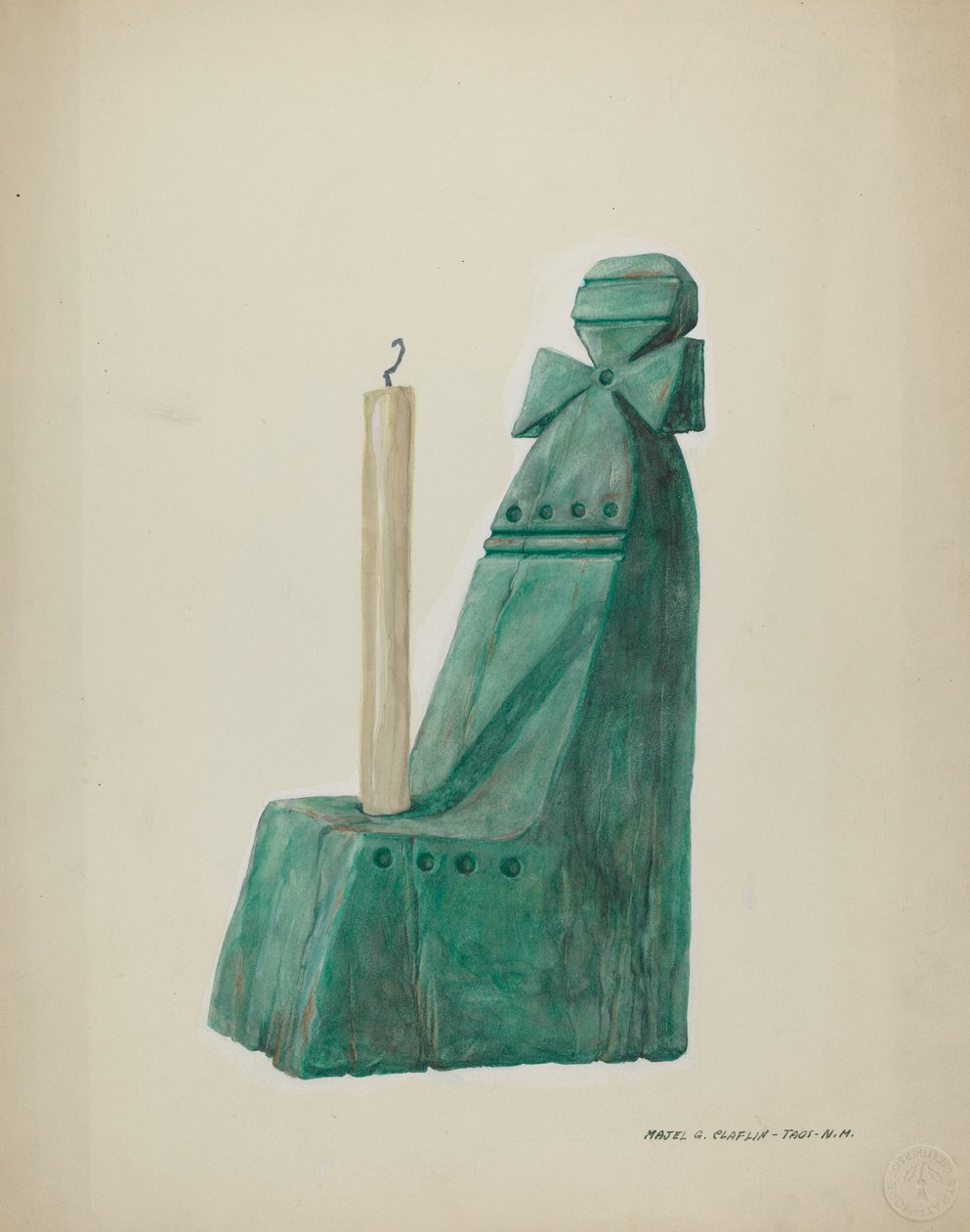 彩绘木制蜡烛棒，有凹槽和圆圈，约1937年。 作者 马杰尔·G·克拉弗林