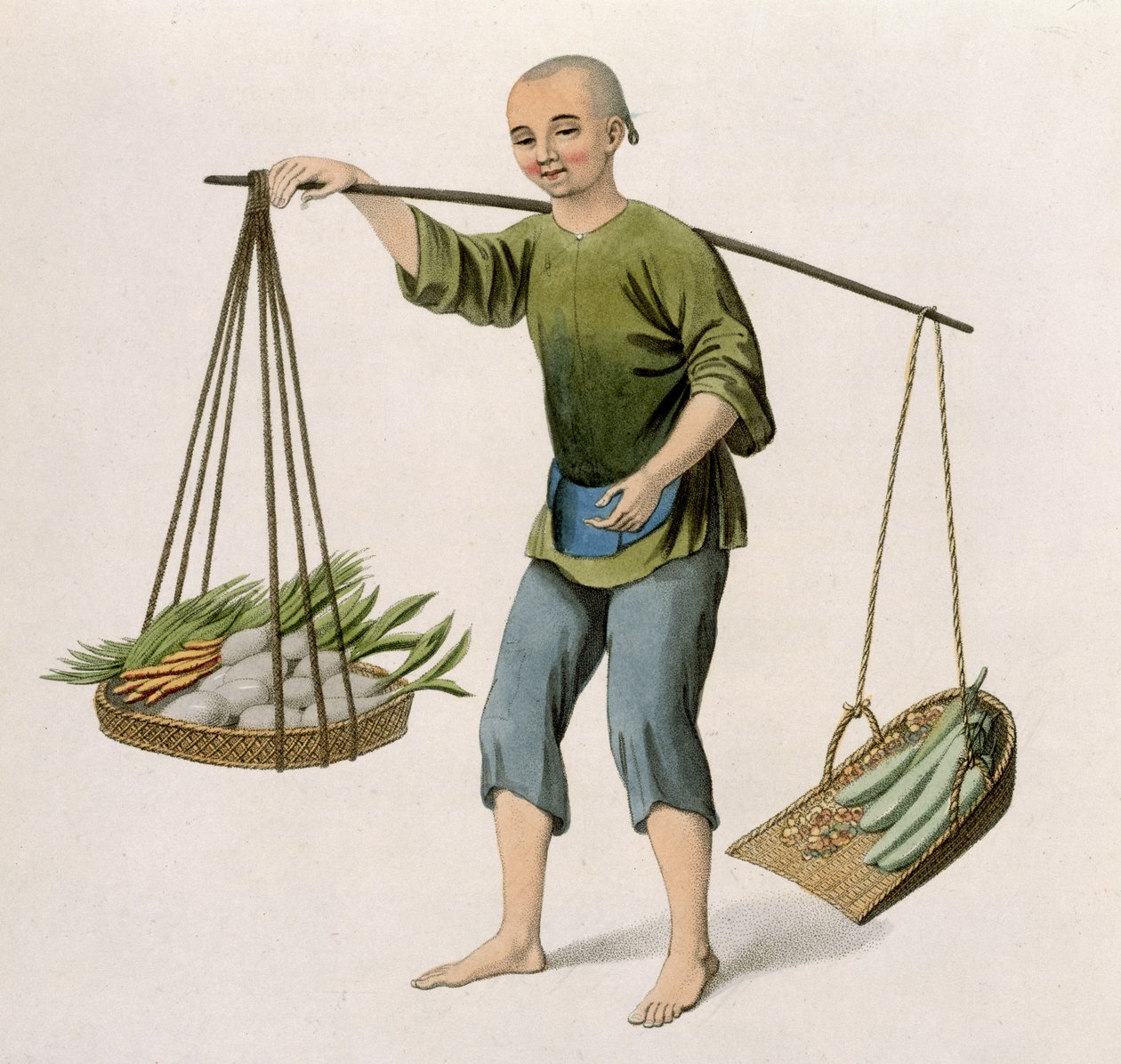 一个有蔬菜的男孩，来自&39;中国服饰&39;的54号板，由J. Dadley雕刻，1800年 作者 乔治·亨利·梅森少校