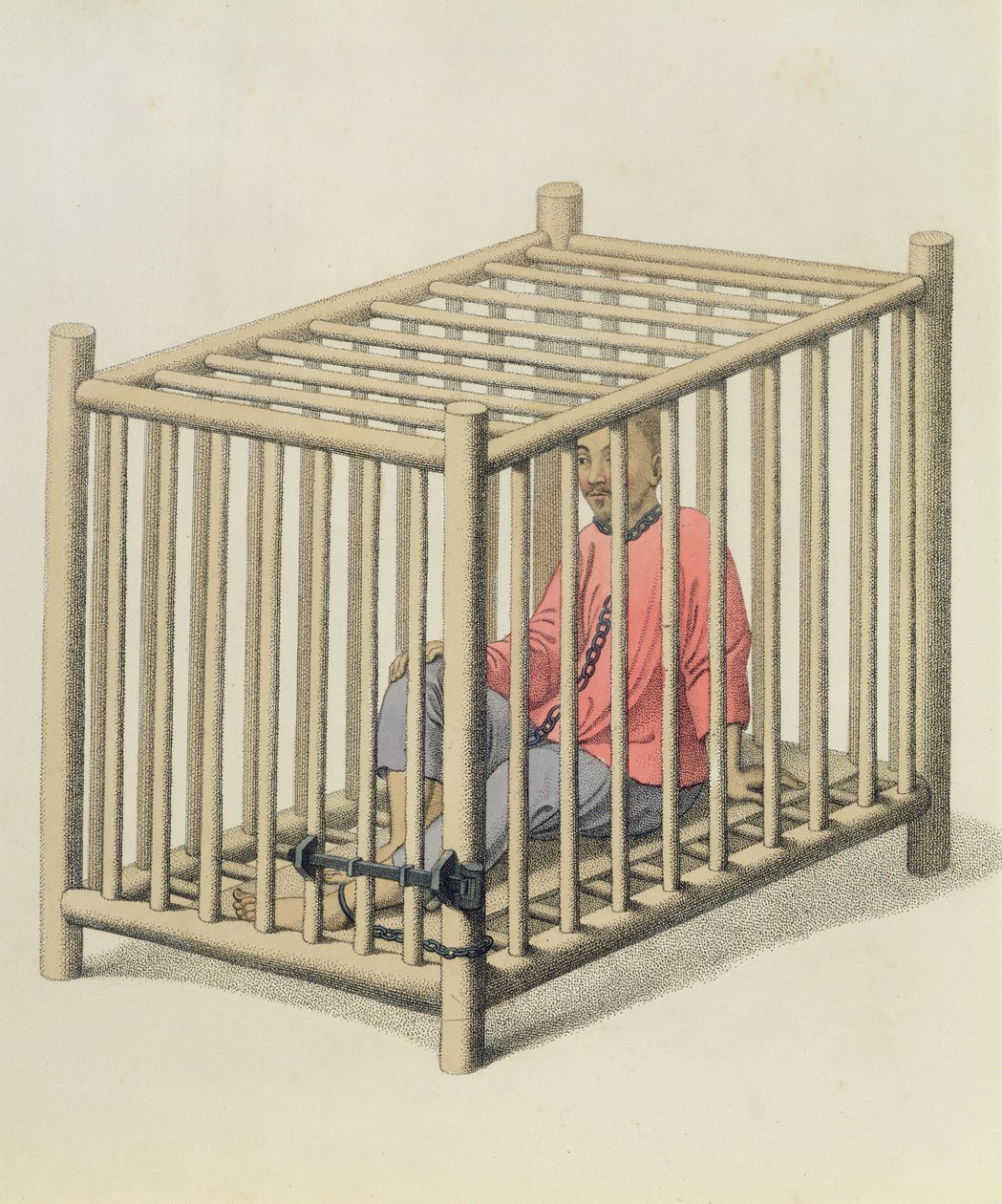 笼中的男性因子，来自“中国的惩罚”的第15版，由J. Dadley雕刻，1804年 作者 乔治·亨利·梅森少校
