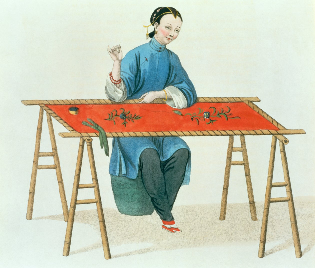 一个女人刺绣，来自&39;中国服饰&39;的41号，由J. Dadley，1800年刻 作者 乔治·亨利·梅森少校
