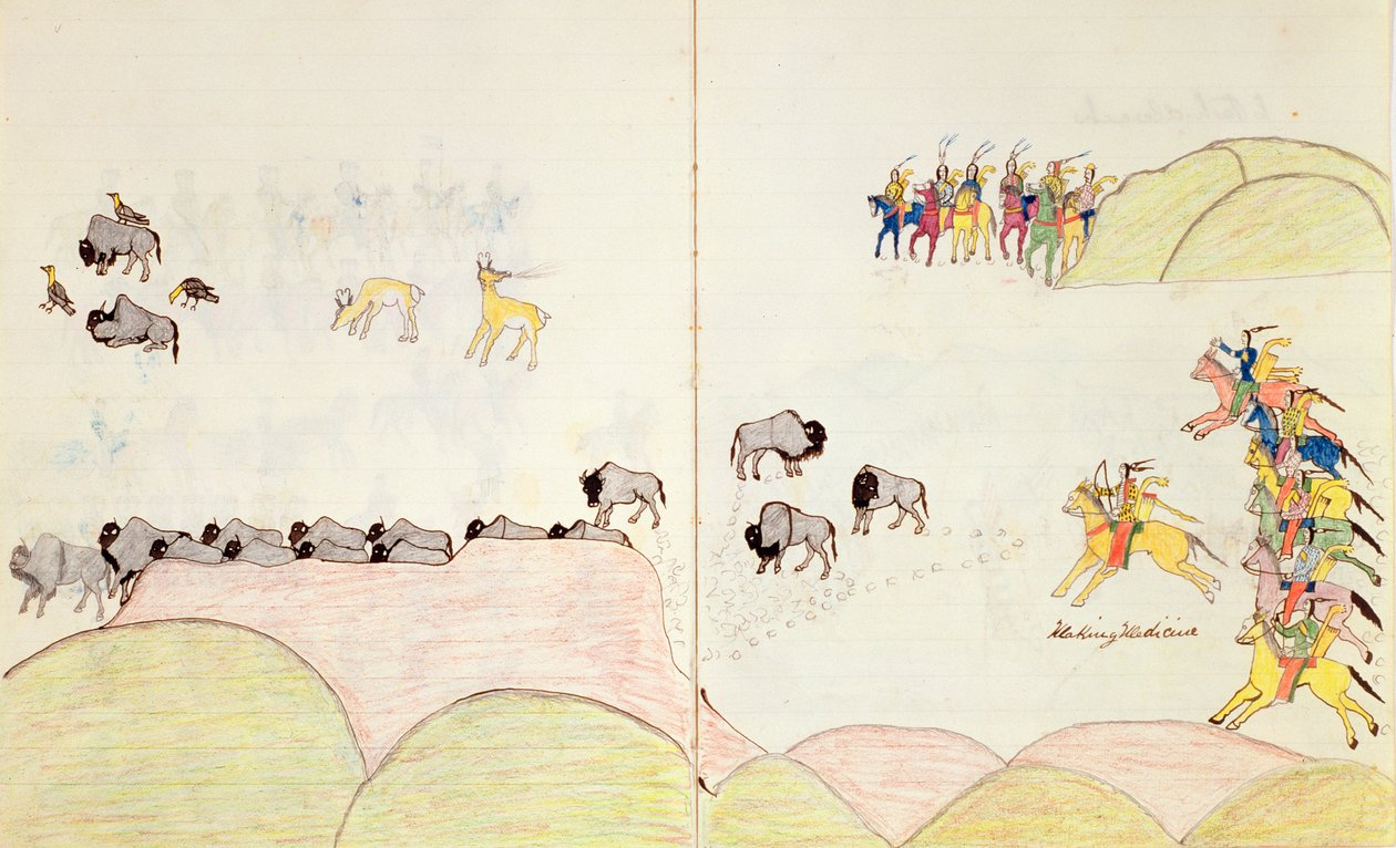1877年，佛罗里达州圣奥古斯丁的马里昂堡（Fort Marion）制作的一本素描书中的美洲原住民布法罗亨特（Buffalo Hunt） 作者 做药