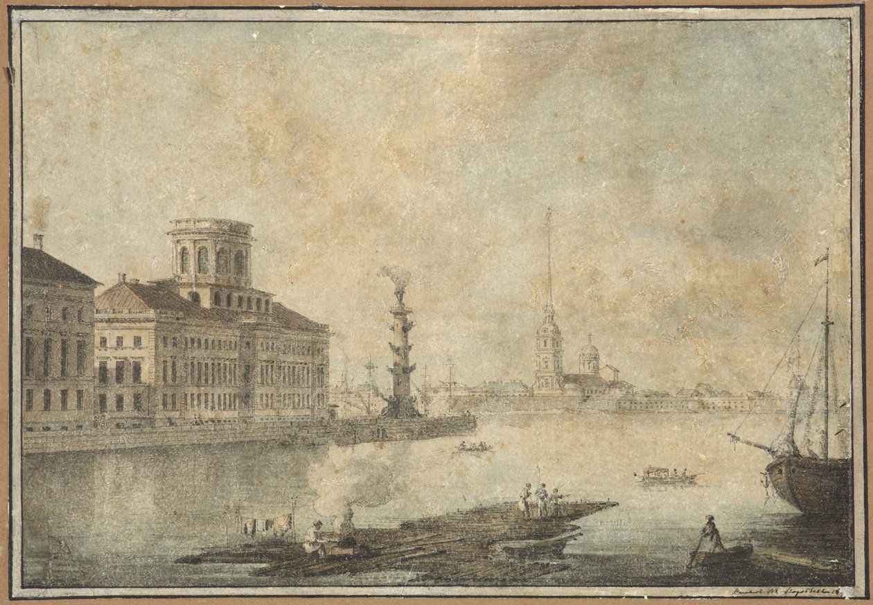 View of the Neva and the Academy of Sciences - Maxim Nikiphorovich Vorobyev (1787-1855). Pen, brush, watercolour, ink on paper, End of 1820s-Early 1830s. State Museum of the History of Saint Petersburg 作者 马克西姆·尼基福罗维奇·沃罗比耶夫