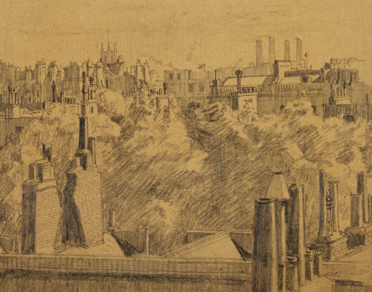 伦敦屋顶，c.1914（卡片上的石墨纸） 作者 马尔科姆·德拉蒙德（Malcolm Drummond）