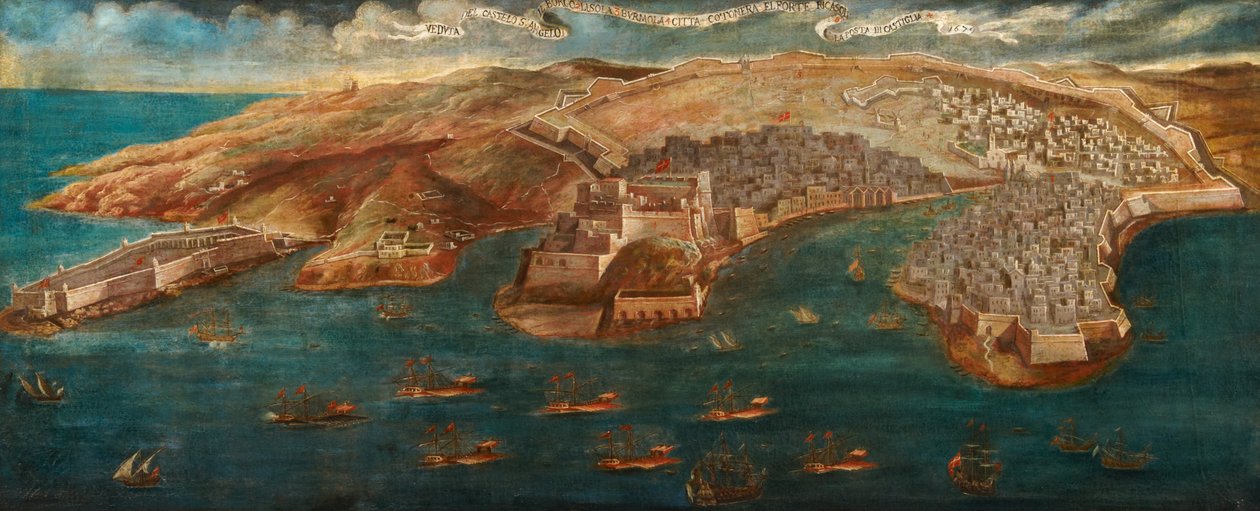 堡垒里卡索利，城堡圣安吉洛，LIsola和Cotonera线的看法从瓦莱塔，1679 作者 马耳他学校