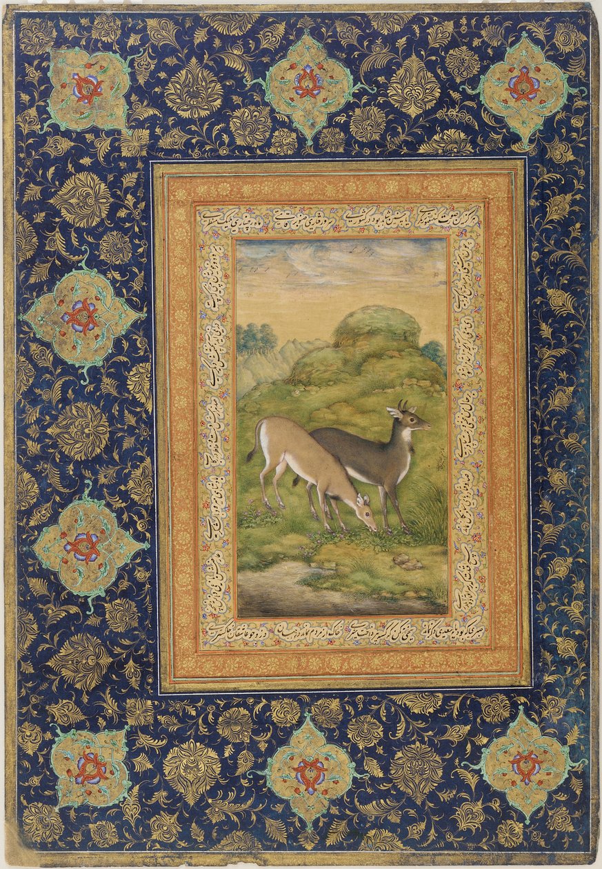 在景观中的两只鹿，Jahandir学校（纸上的颜色和黄金） 作者 曼苏尔