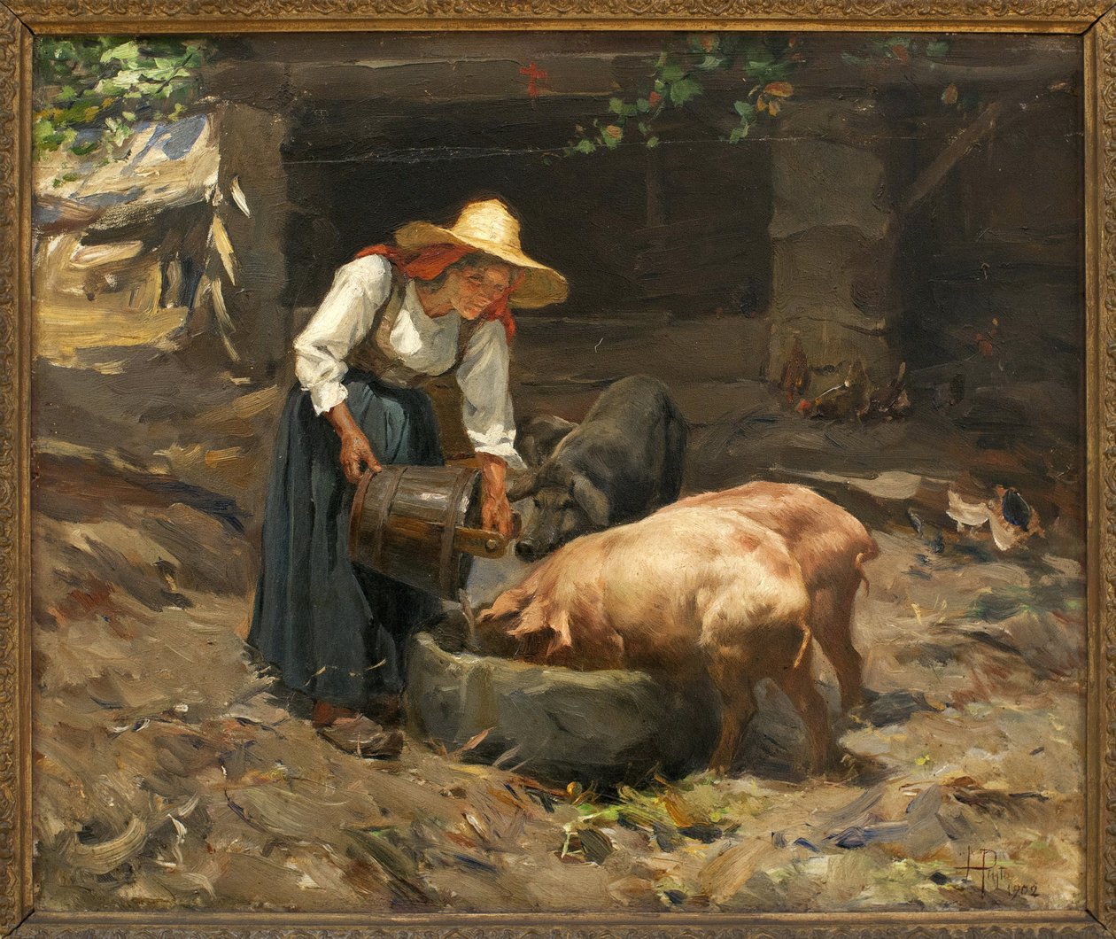 Le repas des pigs；Manuel Henrique Pinto（1853-1912 年）的绘画，木板油画 作者 曼努埃尔·恩里克·平托