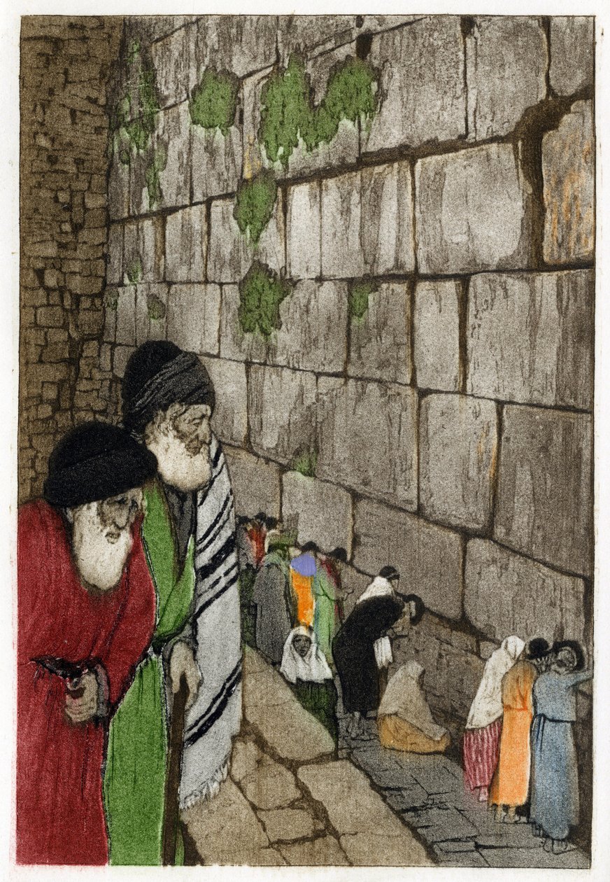 Jews in front of the Wailing Wall, the only remnant of the Temple of Jerusalem built by King Solomon in -950. Engraving by Manuel Orazzi (1860-1934), in “” L