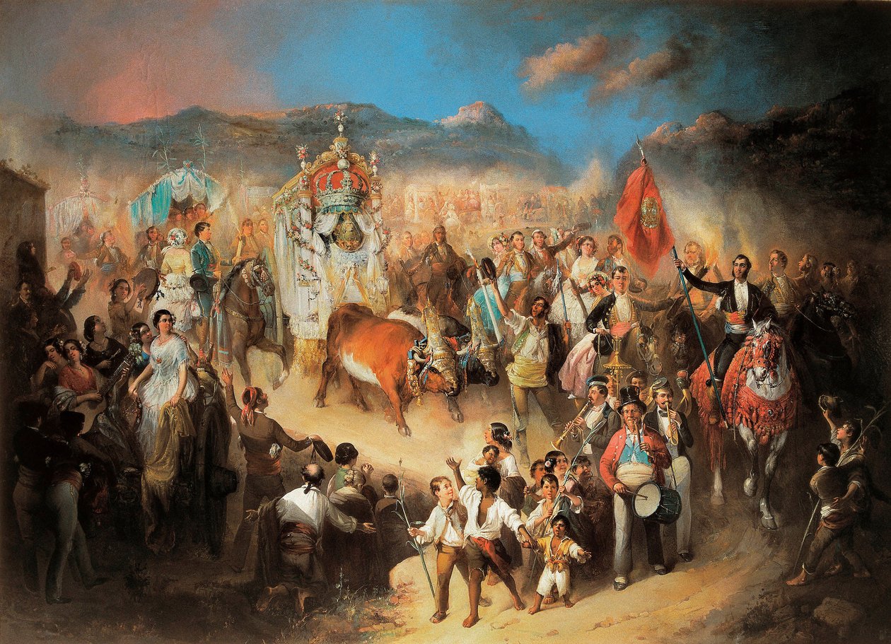 El Rocio 游行：传统的安达卢西亚庆祝活动，纪念圣母。 曼努埃尔·罗德里格斯·德古兹曼（Manuel Rodriguez de Guzman，1818-1867）的绘画。 1850-1900 塞戈维亚。 里奥弗里奥宫。 作者 曼努埃尔·罗德里格斯·德·古兹曼