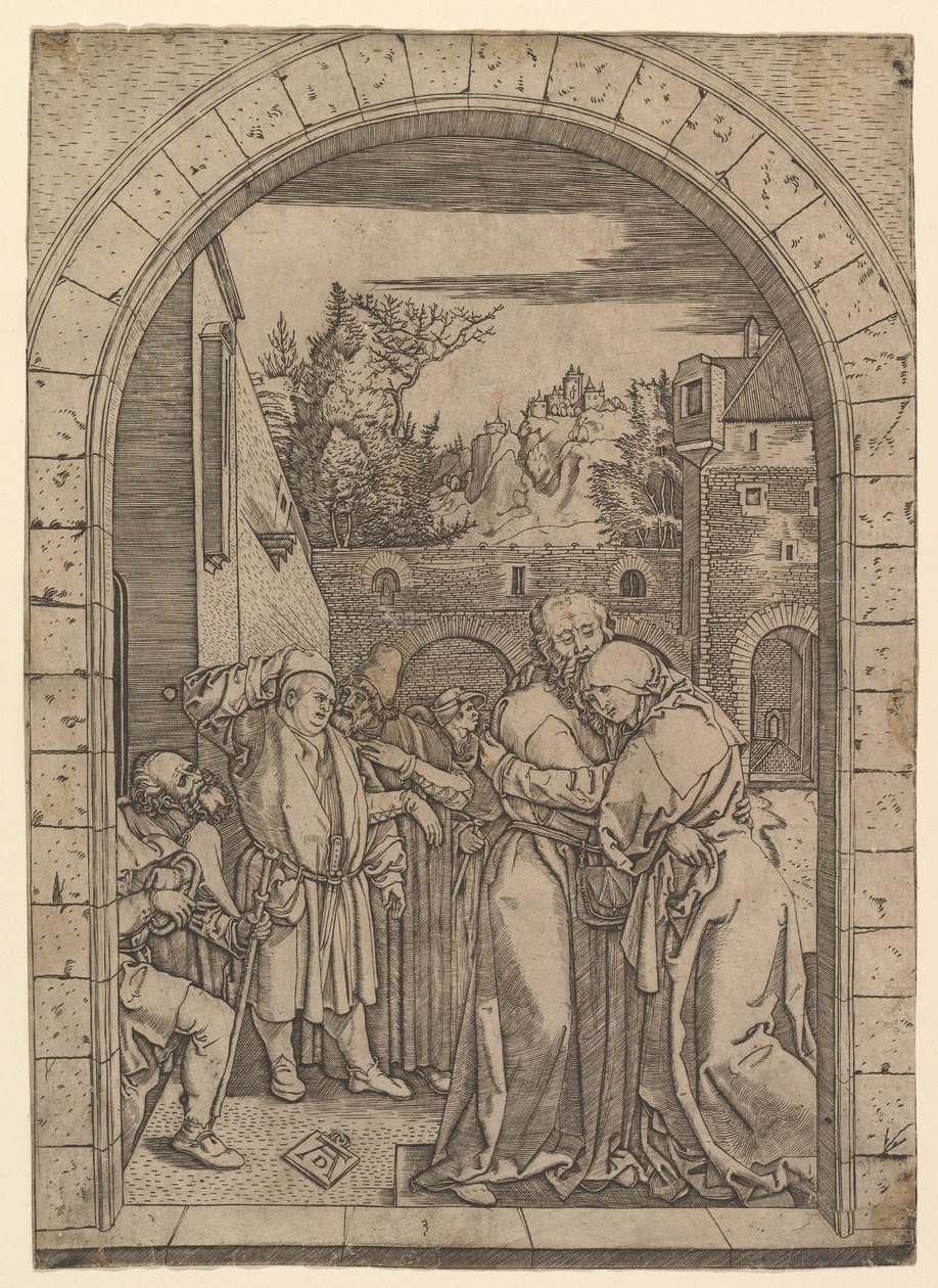约阿希姆（Joachim）在约勒（Dürer）之后，在耶路撒冷的金门下拥抱圣安妮（Saint Anne） 1500年至1534年。 作者 马尔坎通尼奥·莱蒙迪