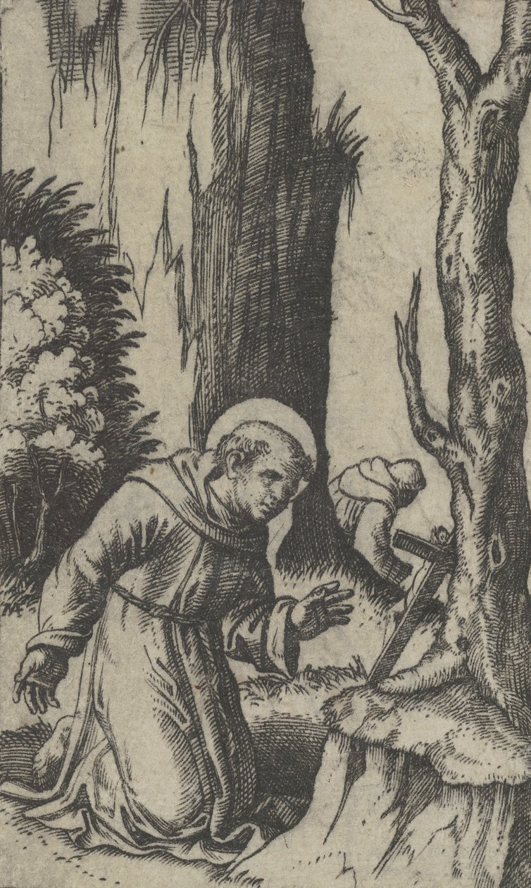 阿西西的圣弗朗西斯在十字架前祈祷，来自 "Piccoli Santi... "系列，约1500-1527。 作者 马尔坎通尼奥·莱蒙迪