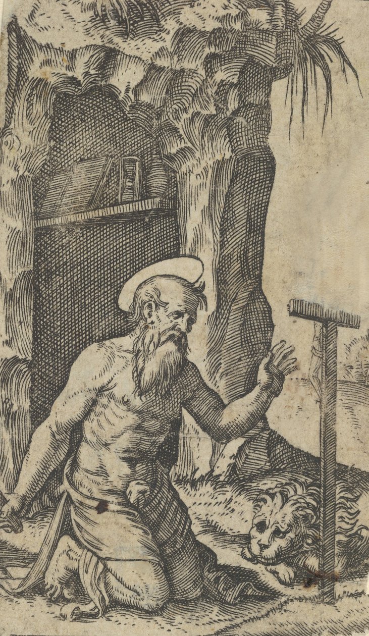 跪在十字架前的圣杰罗姆，来自 "Piccoli Santi "小S系列，约1500-1527。 作者 马尔坎通尼奥·莱蒙迪