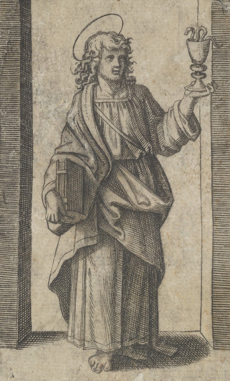 圣约翰，右手持书，左手持圣杯，出自《Piccoli Santi》系列...，约1500-1527年。 作者 马尔坎通尼奥·莱蒙迪