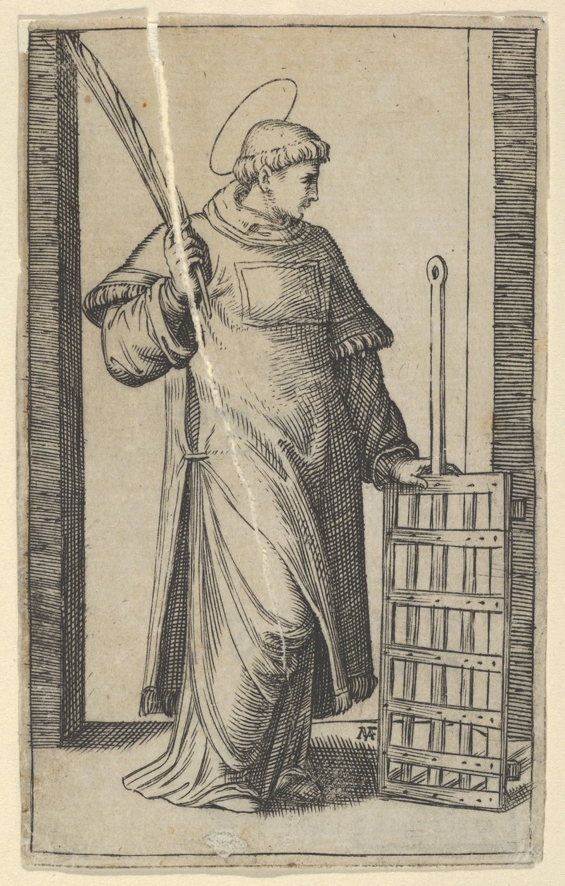 圣劳伦斯，左手放在烤架上，来自 "Piccoli Santi" Sm...系列，约1500-1527。 作者 马尔坎通尼奥·莱蒙迪
