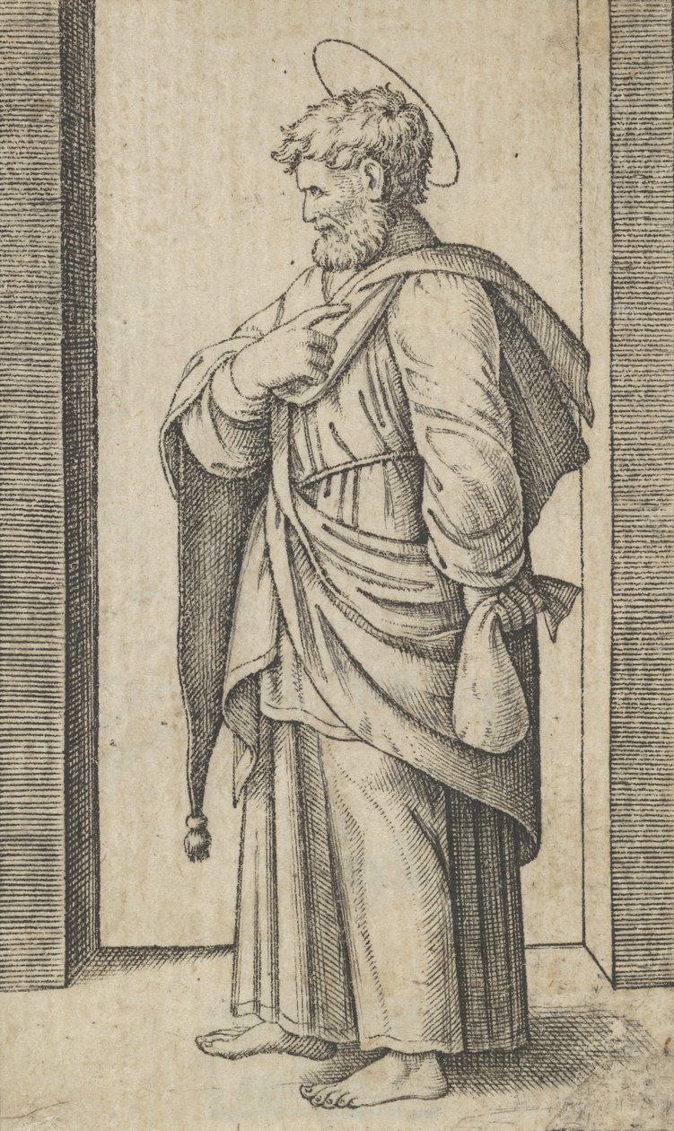 圣马修，左手拿着一个小袋子，来自 "Piccoli Santi" Sm...系列，约1500-1527。 作者 马尔坎通尼奥·莱蒙迪