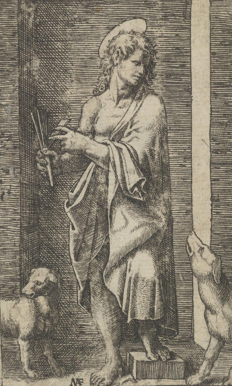 圣拉撒路在两只狗的两侧，来自 "Piccoli Santi "小圣徒系列，约1500-1527。 作者 马尔坎通尼奥·莱蒙迪