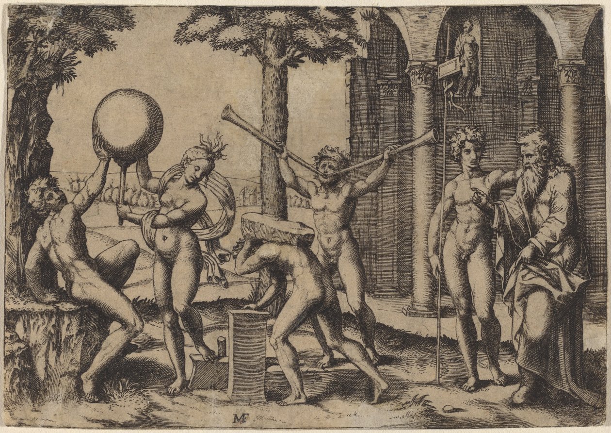 有两个喇叭的人 作者 Baccio Bandinelli 之后的 Marcantonio Raimondi