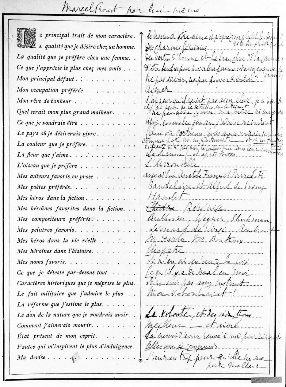 问卷由Marcel Proust完成，1890年（钢笔，墨水和印刷纸） 作者 马塞尔·普鲁斯特