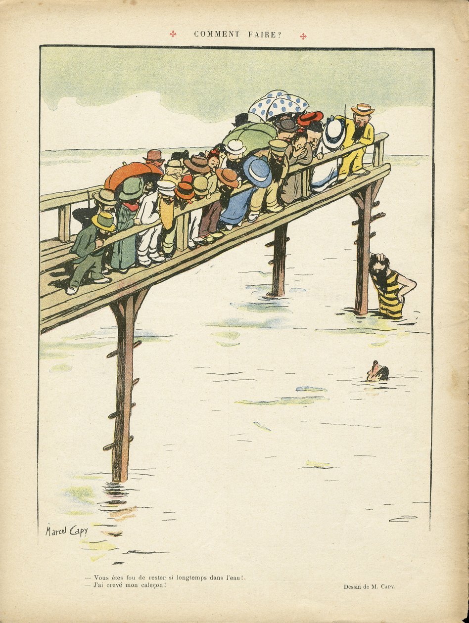 Marcel Capy (1865-1941)在Le Lire, 24/08/12中的插图 - 如何做？- 休闲, 建筑 城市规划, 海洋 海洋海滨, 游泳 游泳, 人群 作者 马塞尔·阿马布尔·OL·卡皮