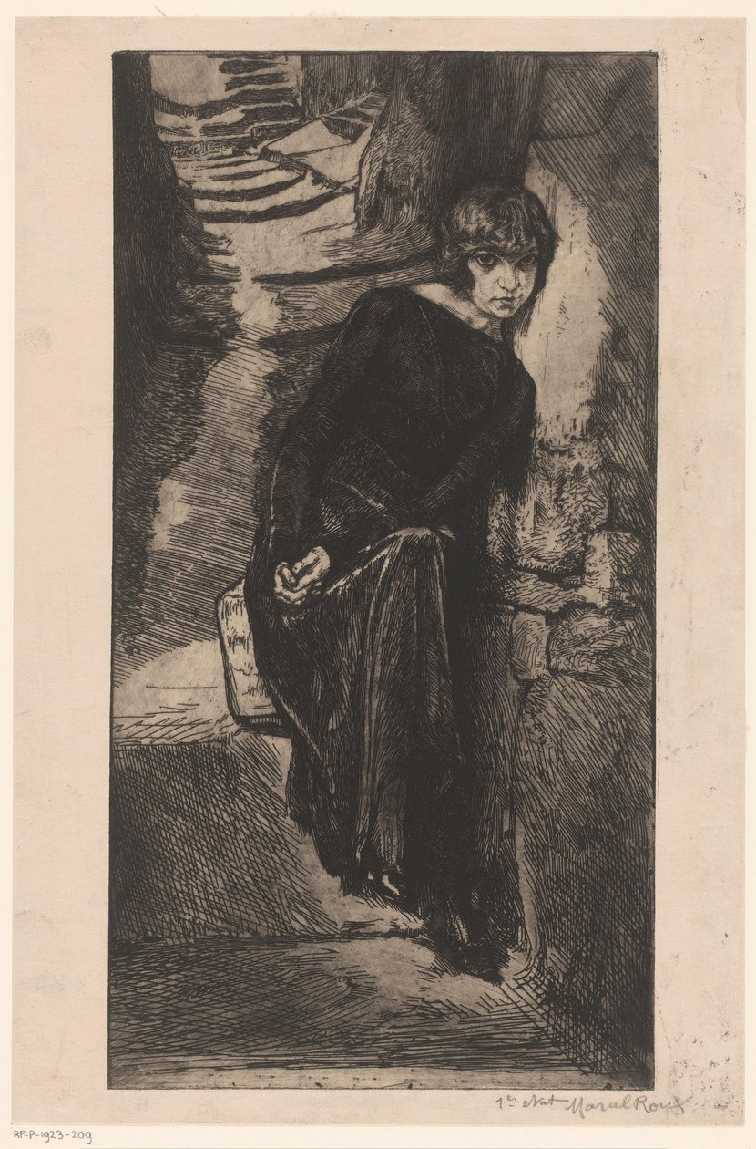 黑衣女子，倚墙而立
Misère de misère（物品上的标题）
快乐女孩（系列名称）
Fille de Joïe（物品上的系列名称） 作者 Marcel Roux（艺术家签名）